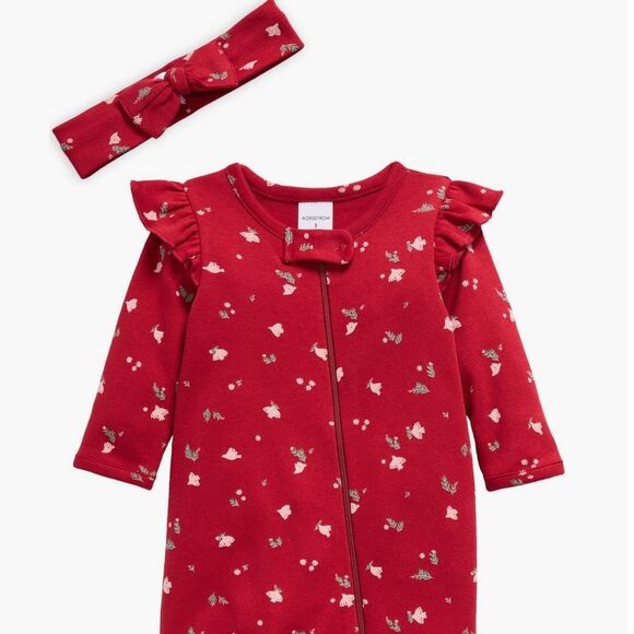 Nordstrom Red print holiday footie with headband NWT - Picture 1 of 13